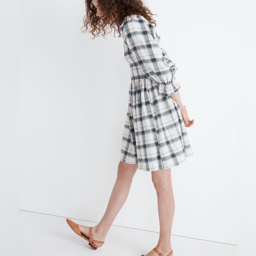 Madewell Lucie Elbow-Sleeve Smocked Mini Dress in Lebaum Plaid Cotton $138 XS